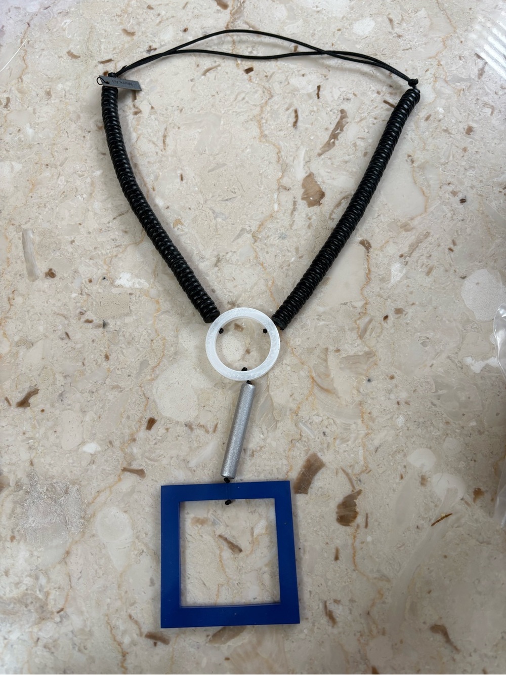 Geometric Blue Square Pendant Necklace with Black Cord